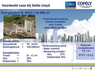 Voorbeeld case bij Delta Lloyd Situatie (2010):  Gasverbruik  =  16  m 3 /m 2 Elektragebruik  =  138  kWh/m 2 Energiekosten Totaal = 21 € / m 2 Gas  = 30% Elektriciteit  =  70% Energielabel B; BVO = 34.400 m 2 Optimalisatie werking klimaat installatie door Cofely geen effect op label Verduurzaming pand - Beter comfort  - Besparing energie: Gas    37% Elektriciteit 16% Reductie  energiekosten 5 € / m 2 ETVT < 0,5 jr 