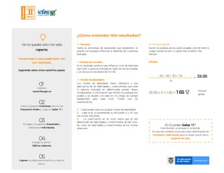 ¿Cómo entender mis resultados?
No te quedes solo con este
.
reporte
siguiendo estos cinco sencillos pasos:
Conoce todo lo que puede hacer con
tus resultados,
01
Ingresa a
www
.icfes.gov.co
02
Ubica la pestaña has clic en
y luego en
Exámenes,
Educación Media Saber 11 °.
03
Dirígete a la pestaña y
selecciona
Resultados
Individuales.
04
Escoge la opción:
2020 en adelante.
05
los datos que te solicita y dale en
entrar.
Ingresa
Sum
ar los puntajes de las cuatro pruebas y dividir entre 4.
Luego m
ultiplicar por 5 y aproxim
ar al entero m
ás
cercano.
33.00 x 5 1 65
Puntaje global
Ejem
plo:
= = 165
40 + 28 + 30 + 34
4
= 33.00
Puntaje
global
Indica el porcentaje de estudiantes que presentaron el
exam
en con puntajes inferiores al obtenido por la persona
evaluada.
Es el resultado num
érico que refleja el nivel de habilidad
que tiene la persona evaluada en cada una de las pruebas
y se calcula en una escala de 0 a 1 00.
Los niveles de desem
peño hacen referencia a una
descripción de las habilidades y conocim
ientos que tiene
la persona evaluada en determ
inada prueba. Busca
com
plem
entar la inform
ación que ofrecen los puntajes por
prueba y se asignan con base en los rangos de puntaje
establecidos para cada nivel. Tienen tres (3)
características:
Cada prueba tiene sus propios niveles de desem
peño.
Cada nivel va aum
entando su dificultad (4 y B+ son
los niveles m
ás altos).
La clasificación en un nivel indica que se han
desarollado las habilidades y conocim
ientos de ese nivel,
así com
o las habilidades y conocim
ientos de los niveles
anteriores.
Percentil
Puntaje por pruebas
Niveles de desempeño
1 .  
2.  
3.  
El Examen
Este examen no se pasa ni se pierde.
Es una herramienta clave para que identifiques tus
para la construcción de tu
Saber 11 °
fortalezas y debilidades
proyecto de vida.
 