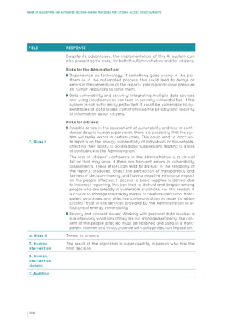| 106
RADAR OF ALGORITHMS AND AUTOMATED DECISION-MAKING PROCESSES FOR CITIZENS' ACCESS TO SOCIAL RIGHTS
FIELD RESPONSE
13. Risks I
Despite its advantages, the implementation of this AI system can
also present some risks, for both the Administration and for citizens.
Risks for the Administration:
◗ Dependence on technology: If something goes wrong in the pla-
tform or in the automated process, this could lead to delays or
errors in the generation of the reports, placing additional pressure
on human resources to solve them.
◗ Data vulnerability and security: integrating multiple data sources
and using cloud services can lead to security vulnerabilities. If the
system is not sufficiently protected, it could be vulnerable to cy-
berattacks or data losses, compromising the privacy and security
of information about citizens.
Risks for citizens:
◗ Possible errors in the assessment of vulnerability and loss of confi-
dence: despite human supervision, there is a possibility that the sys-
tem will make errors in certain cases. This could lead to inaccura-
te reports on the energy vulnerability of individuals or households,
affecting their ability to access basic supplies and leading to a loss
of confidence in the Administration.
The loss of citizens' confidence in the Administration is a critical
factor that may arise if there are frequent errors in vulnerability
assessments. These errors can lead to distrust in the reliability of
the reports produced, affect the perception of transparency and
fairness in decision-making, and have a negative emotional impact
on the people affected. If access to basic supplies is denied due
to incorrect reporting, this can lead to distrust and despair among
people who are already in vulnerable situations. For this reason, it
is crucial to manage this risk by means of careful supervision, trans-
parent processes and effective communication in order to retain
citizens' trust in the services provided by the Administration in si-
tuations of energy vulnerability.
◗ Privacy and consent issues: Working with personal data involves a
risk of privacy violations if they are not managed properly. The con-
sent of the people affected must be obtained and used in a trans-
parent manner and in accordance with data protection legislation.
14. Risks II Threat to privacy
15. Human
intervention
The result of the algorithm is supervised by a person who has the
final decision
16. Human
intervention
(details)
17. Auditing
 