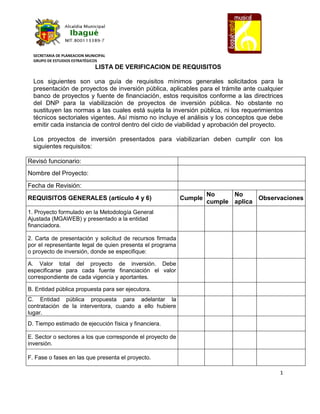 SECRETARIA DE PLANEACION MUNICIPAL
GRUPO DE ESTUDIOS ESTRATÉGICOS
1
LISTA DE VERIFICACION DE REQUISITOS
Los siguientes son una guía de requisitos mínimos generales solicitados para la
presentación de proyectos de inversión pública, aplicables para el trámite ante cualquier
banco de proyectos y fuente de financiación, estos requisitos conforme a las directrices
del DNP para la viabilización de proyectos de inversión pública. No obstante no
sustituyen las normas a las cuales está sujeta la inversión pública, ni los requerimientos
técnicos sectoriales vigentes. Así mismo no incluye el análisis y los conceptos que debe
emitir cada instancia de control dentro del ciclo de viabilidad y aprobación del proyecto.
Los proyectos de inversión presentados para viabilizarían deben cumplir con los
siguientes requisitos:
Revisó funcionario:
Nombre del Proyecto:
Fecha de Revisión:
REQUISITOS GENERALES (artículo 4 y 6) Cumple
No
cumple
No
aplica
Observaciones
1. Proyecto formulado en la Metodología General
Ajustada (MGAWEB) y presentado a la entidad
financiadora.
2. Carta de presentación y solicitud de recursos firmada
por el representante legal de quien presenta el programa
o proyecto de inversión, donde se especifique:
A. Valor total del proyecto de inversión. Debe
especificarse para cada fuente financiación el valor
correspondiente de cada vigencia y aportantes.
B. Entidad pública propuesta para ser ejecutora.
C. Entidad pública propuesta para adelantar la
contratación de la interventora, cuando a ello hubiere
lugar.
D. Tiempo estimado de ejecución física y financiera.
E. Sector o sectores a los que corresponde el proyecto de
inversión.
F. Fase o fases en las que presenta el proyecto.
 