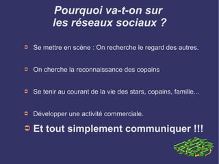 Pourquoi va-t-on sur
les réseaux sociaux ?
➲ Se mettre en scène : On recherche le regard des autres.
➲ On cherche la reconnaissance des copains
➲ Se tenir au courant de la vie des stars, copains, famille...
➲ Développer une activité commerciale.
➲ Et tout simplement communiquer !!!
 