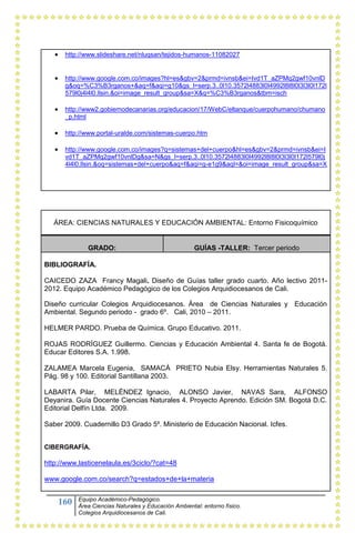 160 Equipo Académico-Pedagógico.
Área Ciencias Naturales y Educación Ambiental: entorno físico.
Colegios Arquidiocesanos de Cali.
 http://www.slideshare.net/nluqsan/tejidos-humanos-11082027
 http://www.google.com.co/images?hl=es&gbv=2&prmd=ivnsb&ei=Ivd1T_aZPMq2gwf10vnlD
g&oq=%C3%B3rganos+&aq=f&aqi=g10&gs_l=serp.3..0l10.3572l4883l0l4992l8l8l0l3l3l0l172l
579l0j4l4l0.llsin.&oi=image_result_group&sa=X&q=%C3%B3rganos&tbm=isch
 http://www2.gobiernodecanarias.org/educacion/17/WebC/eltanque/cuerpohumano/chumano
_p.html
 http://www.portal-uralde.com/sistemas-cuerpo.htm
 http://www.google.com.co/images?q=sistemas+del+cuerpo&hl=es&gbv=2&prmd=ivnsb&ei=I
vd1T_aZPMq2gwf10vnlDg&sa=N&gs_l=serp.3..0l10.3572l4883l0l4992l8l8l0l3l3l0l172l579l0j
4l4l0.llsin.&oq=sistemas+del+cuerpo&aq=f&aqi=g-e1g9&aql=&oi=image_result_group&sa=X
ÁREA: CIENCIAS NATURALES Y EDUCACIÓN AMBIENTAL: Entorno Fisicoquímico
GRADO: GUÍAS -TALLER: Tercer periodo
BIBLIOGRAFÍA.
CAICEDO ZAZA Francy Magali. Diseño de Guías taller grado cuarto. Año lectivo 2011-
2012. Equipo Académico Pedagógico de los Colegios Arquidiocesanos de Cali.
Diseño curricular Colegios Arquidiocesanos. Área de Ciencias Naturales y Educación
Ambiental. Segundo periodo - grado 6º. Cali, 2010 – 2011.
HELMER PARDO. Prueba de Química. Grupo Educativo. 2011.
ROJAS RODRÍGUEZ Guillermo. Ciencias y Educación Ambiental 4. Santa fe de Bogotá.
Educar Editores S.A. 1.998.
ZALAMEA Marcela Eugenia, SAMACÀ PRIETO Nubia Elsy. Herramientas Naturales 5.
Pág. 98 y 100. Editorial Santillana 2003.
LABARTA Pilar, MELÉNDEZ Ignacio, ALONSO Javier, NAVAS Sara, ALFONSO
Deyanira. Guía Docente Ciencias Naturales 4. Proyecto Aprendo. Edición SM. Bogotá D.C.
Editorial Delfín Ltda. 2009.
Saber 2009. Cuadernillo D3 Grado 5º. Ministerio de Educación Nacional. Icfes.
CIBERGRAFÍA.
http://www.lasticenelaula.es/3ciclo/?cat=48
www.google.com.co/search?q=estados+de+la+materia
 