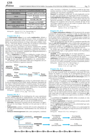 Pág. 75COMENTARIOS PREGUNTAS MIR 6 Noviembre 99 (CONVOCATORIA FAMILIA)
CUADERNILLONº2/COMENTARIOS
Bibliografía: Manual CTO 2ª Ed., Reumatología 4.2
Harrison 14ª Ed., vol. II pág. 2136
Pregunta 239.- R: 3
La enfermedad celíaca es un cuadro malabsortivo, debido a
lesión de la mucosa sobre todo de yeyuno e ileon, secundario a la
presencia de anticuerpos frente a la fracción A de la gliadina del
gluten, una proteína existente en el trigo y derivados (cebada, cente-
no, etc.). Recuerda algunos cereales que no producen enfermedad
celíaca como el arroz, maíz y la avena (en ocasiones).
Cursa de forma característica con diarrea, malabsorción, pérdida
de peso, irritación, distensión abdominal, y esteatorrea, aunque a
menudo se presenta en formas aisladas poco sugerentes de enferme-
dad celíaca como ferropenia, sangrados por hipoprotrombinemia o
dolores óseos con deformidades.
Para su diagnóstico en la práctica habitual se acepta como es-
prue celíaco la presencia de clínica compatible, biopsia compatible
y presencia de anticuerpos específicos positivos (Ac. antiendomisio
tipo IgA, los más específicos, Ac. antigliadina y Ac. antirreticulina).
Sin embargo, para el MIR debes saber que el diagnóstico de cer-
teza se hace mediante el siguiente esquema:
Las lesiones histológicas que produce la enfermedad celíaca en
la mucosa intestinal son una triada: atrofia vellositaria, hiperplasia de
las criptas e infiltrado linfocitario T en lámina propia. No son especí-
ficas, puesto que pueden aparecer en el esprue tropical, enteritis por
rotavirus, infección por Giardia lamblia, intolerancia a las proteínas
de leche de vaca y gastroenteritis eosinofílica.
Bibliografía: Manual CTO 2ª Ed., Digestivo 20.6
Harrison 14ª Ed., págs. 1.814-1.816
Pregunta 240.- R: 1
Para el tratamiento de las trombopenias de causa autoinmune
tenemos distintas alternativas. Habitualmente, con cifras de plaque-
tas superiores a 20.000 no suele haber sintomatología, por lo que no
se requerirá tratamiento, pero en caso de necesidad tenemos:
- Esteroides: disminuyen la producción de anticuerpos y la fagoci-
tosis por los macrófagos. Necesitan un mes para que se note su
efecto.
- Esplenectomía: produce aumento del recuento plaquetario en
un 30% aproximadamente, manifestándose tras una semana de
la cirugía.
- Fármacos inmunosupresores tales como azatioprina, ciclofosfa-
mida, vincristina o vinblastina. Se emplean cuando los dos trata-
mientos anteriores no han conseguido resolver una trombopenia
mediada por mecanismo autoinmune.
- Danazol, un andrógeno modificado. Se está empleando con éxi-
to, pero está relacionado con importantes efectos secundarios.
- Gammaglobulina intravenosa debe utilizarse para aumentar tem-
poralmente el recuento plaquetario y como apoyo antes de una
operación quirúrgica o un parto. Se basa en su capacidad para
bloquear los receptores de la fracción constante de IgG en los
macrófagos esplénicos que de este modo no puede unirse a las
plaquetas y así no las destruyen.
Bibliografía: Manual CTO 2ª Ed., Hematología 17.1
Harrison 14ª Ed., vol. II pág. 2.073
Pregunta 241.- R: 5
En el lupus eritematoso sistémico (LES) la presencia de una gran
variedad de autoanticuerpos constituye el dato de laboratorio más
relevante y, en particular, los anticuerpos antinucleares (ANA) son
los de mayor interés. Se detectan en el 95% de los casos y, aunque no
son específicos de la enfermedad, su negatividad debe suscitar una
duda razonable en el diagnóstico de LES.
Dentro de los diferentes tipos de ANA, se consideran específicos de
lupus los anti-ADN bicatenario o nativo a títulos altos, que aparece en
el 70-80% de los pacientes, y son marcadores de actividad (funda-
mentalmente nefritis); y los anti-Sm que, aunque están presentes en
menos casos (25 al 30%) son también muy específicos de LES.
No olvides que existen otros autoanticuerpos que, aunque no
son específicos de lupus, sí que guardan relación con el pronóstico
de la enfermedad:
- anti-RNP: se han relacionado con un mejor pronóstico.
- anti-Ro (SS-A) / anti-La (SS-B): se pueden detectar con mayor
frecuencia cuando el LES se asocia al síndrome de Sjögren.
- antihistona: son positivos en el 95% de los casos de lupus induci-
do por fármacos, pero no son específicos, observándose también
en el LES y en artritis reumatoide con factor reumatoide positivo.
Bibliografía: Manual CTO 2ª Ed., Reumatología 2.2
Harrison 14ª Ed., vol. II págs. 2.130
Farreras 13 Ed., vol. I pág. 1.094
Pregunta 242.- R: 2
La enfermedad de Goodpasture es una de las patologías rena-
les en las que se puede hacer un trasplante como parte del trata-
miento sin miedo a la recidiva de la enfermedad primaria en el
injerto, pero hay que recordar que para ello es una condición
imprescindible el cese de la producción de anticuerpos unos 2-3
meses previos al trasplante.
Las respuestas 3 y 4 pueden crear confusión porque son parcial-
mente correctas. El trasplante renal no protege de la lesión a nivel
pulmonar porque el trasplante en sí no inhibe la producción de
anticuerpos (salvo por el tratamiento inmunosupresor que obligato-
riamente se asocia), pero por otro lado el tratamiento no debe ser
indefinido puesto que en épocas de remisión no es necesario. Eso sí,
ante una recidiva (que además de ser frecuentes van precedidas de
un aumento del título de anticuerpos), hay que reanudar el trata-
miento. Una vez deteriorada la función renal es muy difícil recupe-
rarla, sobre todo si ha sido necesaria la diálisis. Un tratamiento pre-
coz (creatinina <5) conlleva una supervivencia excelente (>90% al
año).
La posibilidad de trasplante también debes recordarla en rela-
ción a otras patologías:
- GN focal y segmentaria: es bastante característica porque puede
recurrir las pocas horas tras el trasplante.
- La GN rápidamente progresiva: es otra enfermedad que tam-
bién puede recidivar tras el trasplante.
- La nefritis lúpica, al igual que la nefritis en la enfermedad de
Goodpasture, son patologías con baja frecuencia de recidivas en
el trasplante.
Bibliografía: Manual CTO 2ª Ed., Nefrología 6.2
 