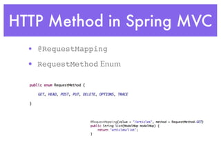 HTTP Method in Spring MVC
• @RequestMapping
• RequestMethod Enum
 