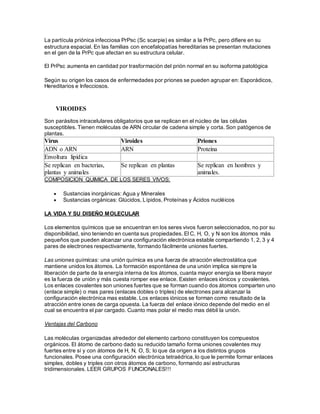 La partícula priónica infecciosa PrPsc (Sc scarpie) es similar a la PrPc, pero difiere en su
estructura espacial. En las familias con encefalopatías hereditarias se presentan mutaciones
en el gen de la PrPc que afectan en su estructura celular.
El PrPsc aumenta en cantidad por trasformación del prión normal en su isoforma patológica
Según su origen los casos de enfermedades por priones se pueden agrupar en: Esporádicos,
Hereditarios e Infecciosos.
Son parásitos intracelulares obligatorios que se replican en el núcleo de las células
susceptibles. Tienen moléculas de ARN circular de cadena simple y corta. Son patógenos de
plantas.
COMPOSICION QUIMICA DE LOS SERES VIVOS:
 Sustancias inorgánicas: Agua y Minerales
 Sustancias orgánicas: Glúcidos, Lípidos, Proteínas y Ácidos nucléicos
LA VIDA Y SU DISEÑO MOLECULAR
Los elementos químicos que se encuentran en los seres vivos fueron seleccionados, no por su
disponibilidad, sino teniendo en cuenta sus propiedades. El C, H, O, y N son los átomos más
pequeños que pueden alcanzar una configuración electrónica estable compartiendo 1, 2, 3 y 4
pares de electrones respectivamente, formando fácilmente uniones fuertes.
Las uniones químicas: una unión química es una fuerza de atracción electrostática que
mantiene unidos los átomos. La formación espontánea de una unión implica siempre la
liberación de parte de la energía interna de los átomos, cuanta mayor energía se libera mayor
es la fuerza de unión y más cuesta romper ese enlace. Existen enlaces iónicos y covalentes.
Los enlaces covalentes son uniones fuertes que se forman cuando dos átomos comparten uno
(enlace simple) o mas pares (enlaces dobles o triples) de electrones para alcanzar la
configuración electrónica mas estable. Los enlaces iónicos se forman como resultado de la
atracción entre iones de carga opuesta. La fuerza del enlace iónico depende del medio en el
cual se encuentra el par cargado. Cuanto mas polar el medio mas débil la unión.
Ventajas del Carbono
Las moléculas organizadas alrededor del elemento carbono constituyen los compuestos
orgánicos. El átomo de carbono dado su reducido tamaño forma uniones covalentes muy
fuertes entre sí y con átomos de H, N, O, S; lo que da origen a los distintos grupos
funcionales. Posee una configuración electrónica tetraédrica,lo que le permite formar enlaces
simples, dobles y triples con otros átomos de carbono, formando así estructuras
tridimensionales. LEER GRUPOS FUNCIONALES!!!
VIROIDES
Virus Viroides Priones
ADN o ARN ARN Proteína
Envoltura lipídica
Se replican en bacterias,
plantas y animales
Se replican en plantas Se replican en hombres y
animales.
 