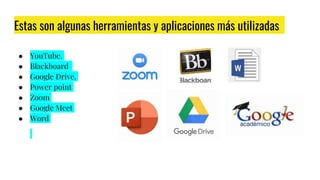Estas son algunas herramientas y aplicaciones más utilizadas
● YouTube.
● Blackboard
● Google Drive.
● Power point
● Zoom
● Google Meet
● Word
 