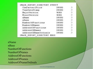 nName
nBase
NumberOfFunctions
NumberOfNames
AddressOfFunctions
AddressOfNames
AddressOfNameOrdinals
                        www.SecurityXploded.com
 