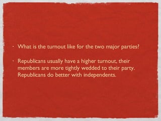 What is the turnout like for the two major parties? Republicans usually have a higher turnout, their members are more tightly wedded to their party.  Republicans do better with independents. 