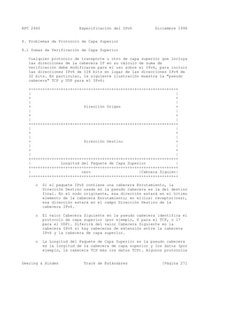 RFC 2460 Especificación del IPv6 Diciembre 1998
8. Problemas de Protocolo de Capa Superior
8.1 Sumas de Verificación de Capa Superior
Cualquier protocolo de transporte u otro de capa superior que incluya
las direcciones de la cabecera IP en su cálculo de suma de
verificación debe modificarse para el uso sobre el IPv6, para incluir
las direcciones IPv6 de 128 bits en lugar de las direcciones IPv4 de
32 bits. En particular, la siguiente ilustración muestra la "pseudo
cabecera" TCP y UDP para el IPv6:
+-+-+-+-+-+-+-+-+-+-+-+-+-+-+-+-+-+-+-+-+-+-+-+-+-+-+-+-+-+-+-+-+
| |
+ +
| |
+ Dirección Origen +
| |
+ +
| |
+-+-+-+-+-+-+-+-+-+-+-+-+-+-+-+-+-+-+-+-+-+-+-+-+-+-+-+-+-+-+-+-+
| |
+ +
| |
+ Dirección Destino +
| |
+ +
| |
+-+-+-+-+-+-+-+-+-+-+-+-+-+-+-+-+-+-+-+-+-+-+-+-+-+-+-+-+-+-+-+-+
| Longitud del Paquete de Capa Superior |
+-+-+-+-+-+-+-+-+-+-+-+-+-+-+-+-+-+-+-+-+-+-+-+-+-+-+-+-+-+-+-+-+
| cero |Cabcera Siguien|
+-+-+-+-+-+-+-+-+-+-+-+-+-+-+-+-+-+-+-+-+-+-+-+-+-+-+-+-+-+-+-+-+
o Si el paquete IPv6 contiene una cabecera Enrutamiento, la
Dirección Destino usada en la pseudo cabecera es la del destino
final. En el nodo originante, esa dirección estará en el último
elemento de la cabecera Enrutamiento; en el(los) receptor(res),
esa dirección estará en el campo Dirección Destino de la
cabecera IPv6.
o El valor Cabecera Siguiente en la pseudo cabecera identifica el
protocolo de capa superior (por ejemplo, 6 para el TCP, o 17
para el UDP). Diferirá del valor Cabecera Siguiente en la
cabecera IPv6 si hay cabeceras de extensión entre la cabecera
IPv6 y la cabecera de capa superior.
o La Longitud del Paquete de Capa Superior en la pseudo cabecera
es la longitud de la cabecera de capa superior y los datos (por
ejemplo, la cabecera TCP más los datos TCP). Algunos protocolos
Deering & Hinden Track de Estándares [Página 27]
 