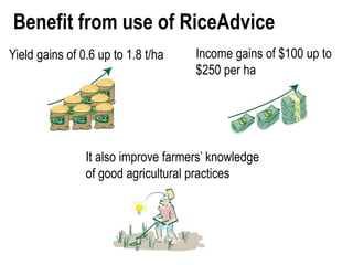 Benefit from use of RiceAdvice
It also improve farmers’ knowledge
of good agricultural practices
Yield gains of 0.6 up to 1.8 t/ha Income gains of $100 up to
$250 per ha
 