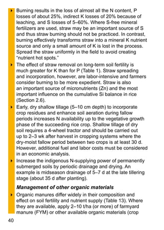 40
4	Burning results in the loss of almost all the N content, P
losses of about 25%, indirect K losses of 20% because of
leaching, and S losses of 5–60%. Where S-free mineral
fertilizers are used, straw may be an important source of S
and thus straw burning should not be practiced. In contrast,
burning effectively transforms straw into a mineral K nutrient
source and only a small amount of K is lost in the process.
Spread the straw uniformly in the field to avoid creating
“nutrient hot spots.”
4	The effect of straw removal on long-term soil fertility is
much greater for K than for P (Table 1). Straw spreading
and incorporation, however, are labor-intensive and farmers
consider burning to be more expedient. Straw is also
an important source of micronutrients (Zn) and the most
important influence on the cumulative Si balance in rice
(Section 2.6).
4	Early, dry shallow tillage (5–10 cm depth) to incorporate
crop residues and enhance soil aeration during fallow
periods increases N availability up to the vegetative growth
phase of the succeeding rice crop. Shallow tillage of dry
soil requires a 4-wheel tractor and should be carried out
up to 2–3 wk after harvest in cropping systems where the
dry-moist fallow period between two crops is at least 30 d.
However, additional fuel and labor costs must be considered
in an economic analysis.
4	Increase the indigenous N-supplying power of permanently
submerged soils by periodic drainage and drying. An
example is midseason drainage of 5–7 d at the late tillering
stage (about 35 d after planting).
Management of other organic materials
4	Organic manures differ widely in their composition and
effect on soil fertility and nutrient supply (Table 13). Where
they are available, apply 2–10 t/ha (or more) of farmyard
manure (FYM) or other available organic materials (crop
 