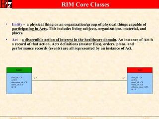 RIM Core Classes Entity -   a physical thing or an organization/group of physical things capable of participating in Acts . This includes living subjects, organizations, material, and places. Act  –  a discernible action of interest in the healthcare domain . An instance of Act is a record of that action. Acts definitions (master files), orders, plans, and performance records (events) are all represented by an instance of Act. Entity class_cd : CS cd: CE determiner_cd : CS status_cd : CS id : II Act class_cd : CS cd: CD mood_cd : CS status_cd : CS effective_time : GTS id : II 0..* 0..* 