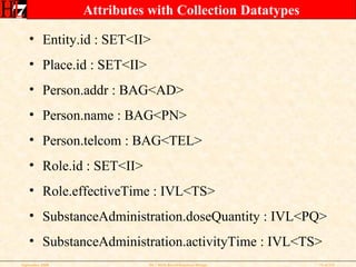 Attributes with Collection Datatypes Entity.id : SET<II> Place.id : SET<II> Person.addr : BAG<AD> Person.name : BAG<PN> Person.telcom : BAG<TEL> Role.id : SET<II> Role.effectiveTime : IVL<TS> SubstanceAdministration.doseQuantity : IVL<PQ> SubstanceAdministration.activityTime : IVL<TS> 
