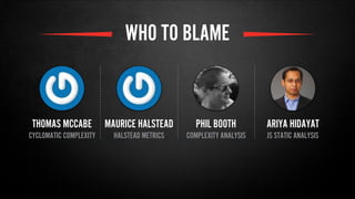MAURICE HALSTEAD
HALSTEAD METRICS
PHIL BOOTH ARIYA HIDAYATTHOMAS MCCABE
CYCLOMATIC COMPLEXITY COMPLEXITY ANALYSIS JS STATIC ANALYSIS
WHO TO BLAME
 