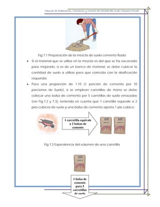 Manual de Elaboración, Colocación y Control de Calidad del Suelo Cemento Fluido
25
Fig.7.1 Preparación de la mezcla de suelo cemento fluido
• Si el material que se utiliza en la mezcla es del que se ha excavado
para mejorarlo, o es de un banco de material, se debe cubicar la
cantidad de suelo a utilizar para que coincida con la dosificación
requerida.
• Para una proporción de 1:10 (1 porción de cemento por 10
porciones de Suelo), si se emplean carretillas de mano se debe
colocar una bolsa de cemento por 5 carretillas de suelo enrazadas
(ver Fig.7.2 y 7.3), teniendo en cuenta que 1 carretilla equivale a 2
pies cúbicos de suelo y una bolsa de cemento aporta 1 pie cúbico.
Fig.7.2 Equivalencia del volumen de una carretilla
1 carretilla equivale
a 2 bolsas de
cemento
1 bolsa de
cemento
para 5
carretillas
de suelo
 