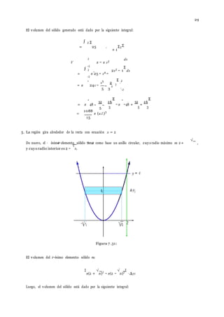 29
∫
3
. .i− − ti
24x −
5
−
3
x .
−
5
− 3 5 3
.
El volumen del s´olido generado est´a dado por la siguiente integral:
=
∫ 2 Σ
25 .
+ 1
Σ2
Σ
V π − π x2
−2
= π 25 − x4 −
−2
2x2 −
dx
1
Σ
dx
.
x5
2
Σ
.2
= π
.
48
32 16
Σ
− π
.
−48 +
32
+
16
Σ
=
1088
π (u.l.)3
15
5. La regi´on gira alrededor de la recta con ecuaci´on x = 2
De nuevo, el ´esimo elemento s´olido tiene como base un anillo circular, cuyo radio m´aximo es 2+
√
,
y cuyo radio interior es 2 −
√
ti.
Figura 7 .31:
El volumen del i−´esimo elemento s´olido es:
Σ
π(2 +
√
ti)2
− π(2 −
√
ti)2
Σ
· ∆yi
Luego, el volumen del s´olido est´a dado por la siguiente integral:
2
2
−2
= π
 