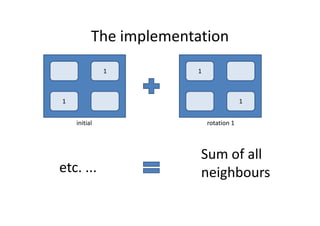 The implementation
              1        1



1                                       1


    initial                rotation 1



                        Sum of all
etc. ...                neighbours
 