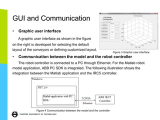 GUI and Communication
•   Graphic user interface
    A graphic user interface as shown in the figure
on the right is developed for selecting the default
layout of the conveyors or defining customized layout.
                                                                             Figure 3 Graphic user interface
•   Communication between the model and the robot controller
    The robot controller is connected to a PC through Ethernet. For the Matlab robot
model application, ABB PC SDK is integrated. The following illustration shows the
integration between the Matlab application and the IRC5 controller.




               Figure 4 Communication between the model and the controller
 