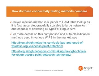 © 2009, AirTight Networks Inc. All Rights Reserved.
How do these connectivity testing methods compare
Packet injection method is superior to CAM table lookup as
it is fast, accurate, gracefully scalable to large networks
and capable of detecting all types of Rogue APs
For more details on this comparison and auto-classification
methods used in various WIPS in the market, see
http://blog.airtightnetworks.com/ugly-bad-and-good-of-
wireless-rogue-access-point-detection/
http://blog.airtightnetworks.com/making-the-right-choice-
for-rogue-access-point-detection-technology/
 