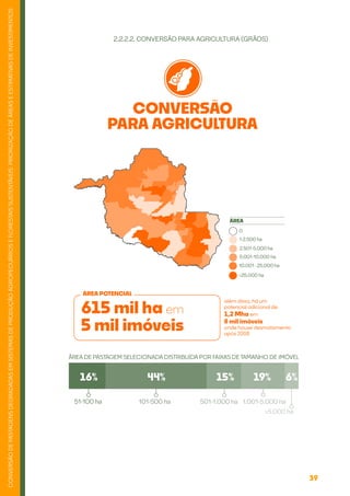39
CONVERSÃO
DE
PASTAGENS
DEGRADADAS
EM
SISTEMAS
DE
PRODUÇÃO
AGROPECUÁRIOS
E
FLORESTAIS
SUSTENTÁVEIS:
PRIORIZAÇÃO
DE
ÁREAS
E
ESTIMATIVAS
DE
INVESTIMENTOS
2.2.2.2. CONVERSÃO PARA AGRICULTURA (GRÃOS)
111,1 Mha
615 mil ha em
além disso, há um
potencial adicional de
1,2 Mha em
8 mil imóveis
onde houve desmatamento
após 2008
CONVERSÃO
PARA AGRICULTURA
5 mil imóveis
ÁREA POTENCIAL
0
ÁREA
1-2.500 ha
2.501-5.000 ha
5.001-10.000 ha
10.001 -25.000 ha
>25.000 ha
ÁREA DE PASTAGEM SELECIONADA DISTRIBUÍDA POR FAIXAS DE TAMANHO DE IMÓVEL
101-500 ha 501-1.000 ha
51-100 ha 1.001-5.000 ha
16% 44% 15% 19% 6%
>5.000 ha
 