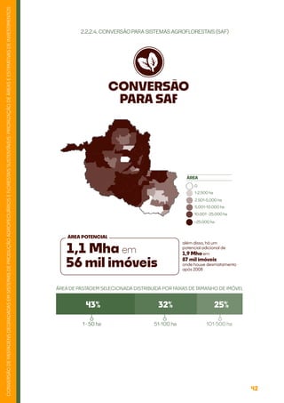 42
CONVERSÃO
DE
PASTAGENS
DEGRADADAS
EM
SISTEMAS
DE
PRODUÇÃO
AGROPECUÁRIOS
E
FLORESTAIS
SUSTENTÁVEIS:
PRIORIZAÇÃO
DE
ÁREAS
E
ESTIMATIVAS
DE
INVESTIMENTOS
2.2.2.4. CONVERSÃO PARA SISTEMAS AGROFLORESTAIS (SAF)
111,1 Mha
1,1 Mha em
além disso, há um
potencial adicional de
1,9 Mha em
87 mil imóveis
onde houve desmatamento
após 2008
56 mil imóveis
ÁREA POTENCIAL
0
ÁREA
1-2.500 ha
2.501-5.000 ha
5.001-10.000 ha
10.001 -25.000 ha
>25.000 ha
ÁREA DE PASTAGEM SELECIONADA DISTRIBUÍDA POR FAIXAS DE TAMANHO DE IMÓVEL
1 - 50 ha 51-100 ha 101-500 ha
43% 25%
32%
CONVERSÃO
PARA SAF
 