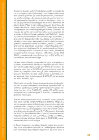 52
CONVERSÃO
DE
PASTAGENS
DEGRADADAS
EM
SISTEMAS
DE
PRODUÇÃO
AGROPECUÁRIOS
E
FLORESTAIS
SUSTENTÁVEIS:
PRIORIZAÇÃO
DE
ÁREAS
E
ESTIMATIVAS
DE
INVESTIMENTOS
Conforme descrito no item “método”, a emissão e remoção de
carbono orgânico pelo solo para agricultura foi estimada diante
três cenários possíveis de serem implementados, consideran-
do-se diferentes tipos de manejo desses solos, sendo i) conver-
são com adoção das práticas de manejo de plantio convencio-
nal (PC); ii) conversão com adoção das práticas de manejo de
plantio direto (PD); e iii) conversão com adoção das práticas de
manejo de sistema plantio direto (SPD). Diante disso, se essa
área potencial de conversão para agricultura for submetida ao
manejo de plantio convencional, avaliou-se um potencial de
emissão de 0,90 milhões de toneladas de CO2 (MtCO2
),sendo
0,17 MtCO2
provenientes de pasto de baixo vigor e 0,74 MtCO2
provenientes de pasto de médiovigor.Caso a conversão seja re-
alizada para agricultura sob manejo de plantio direto,tem-se um
potencial de remoção total de-0,27MtCO2
,sendo-0,05 MtCO2
provenientes de pasto de baixo vigor e -0,22 MtCO2
provenien-
tes de pasto de médio vigor. Por fim, sendo essas áreas de agri-
cultura manejadas sob o sistema de plantio direto, estimou-se
um potencial de remoção total de -1,13 MtCO2
, sendo -0,21
MtCO2
provenientes de pasto de baixo vigore-0,92 MtCO2
pro-
venientes de pasto de médio vigor.
Já para a intensificação da pecuária de corte, a remoção por
aumento do incremento de carbono orgânico pelo solo foi ob-
servada em -3,56 MtCO2
, sendo -0,57 MtCO2
provenientes de
pasto de baixo vigor e -2,99 MtCO2
provenientes de pasto de
médio vigor. O potencial de remoção para a intensificação da
pecuária de leite foi de -2,79 MtCO2
, sendo -0,40 MtCO2
pro-
venientes de pasto de baixo vigor e -2,40 MtCO2
provenientes
de pasto de médio vigor.
Não houve conversão dessas áreas para áreas de silvicultu-
ra. Para as áreas com potencial de serem implementados os
sistemas agroflorestais (SAF), o potencial de remoção de car-
bono pelo solo foi de -8,39 MtCO2
, sendo -1,08 MtCO2
prove-
nientes de pasto de baixo vigor e -7,31 MtCO2
provenientes de
pasto de médio vigor.
Por fim, avaliou-se o potencial de conversão ou recuperação
das áreas visando a implementação de sistemas integrados,
sendo que algumas variações desses sistemas integrados são
possíveis, como integração lavoura-pecuária (ILP), integração
lavoura-floresta (ILF), integração pecuária-floresta (IPF) e inte-
gração lavoura-pecuária-floresta (ILPF). Neste caso do estado
de Rondônia, foram identificados potencial de conversão ape-
nas para o sistema ILP, com -3,44 MtCO2
, sendo -0,64 MtCO2
provenientes de pasto de baixo vigor e -2,80 MtCO2
prove-
nientes de pasto de médio vigor.
A Tabela 4 apresenta os valores de potencial de área e o po-
tencial de emissão ou remoção de carbono para cada uma
das conversões de pastagens degradadas de pasto baixo e
 