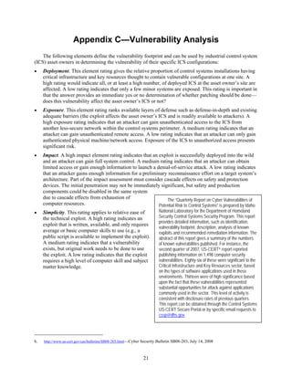Appendix C—Vulnerability Analysis 

The following elements define the vulnerability footprint and can be used by industrial control system
(ICS) asset owners in determining the vulnerability of their specific ICS configurations:
•	 Deployment. This element rating gives the relative proportion of control systems installations having
critical infrastructure and key resources thought to contain vulnerable configurations at one site. A
high rating would indicate all, or at least a high number, of deployed ICS at the asset owner’s site are
affected. A low rating indicates that only a few minor systems are exposed. This rating is important in
that the answer provides an immediate yes or no determination of whether patching should be done—
does this vulnerability affect the asset owner’s ICS or not?
•	 Exposure. This element rating ranks available layers of defense such as defense-in-depth and existing
adequate barriers (the exploit affects the asset owner’s ICS and is readily available to attackers). A
high exposure rating indicates that an attacker can gain unauthenticated access to the ICS from
another less-secure network within the control systems perimeter. A medium rating indicates that an
attacker can gain unauthenticated remote access. A low rating indicates that an attacker can only gain
authenticated physical machine/network access. Exposure of the ICS to unauthorized access presents
significant risk.
•	 Impact. A high impact element rating indicates that an exploit is successfully deployed into the wild
and an attacker can gain full system control. A medium rating indicates that an attacker can obtain
limited access or gain enough information to launch a denial-of-service attack. A low rating indicates
that an attacker gains enough information for a preliminary reconnaissance effort on a target system’s
architecture. Part of the impact assessment must consider cascade effects on safety and protection
devices. The initial penetration may not be immediately significant, but safety and production
components could be disabled in the same system
due to cascade effects from exhaustion of
computer resources.
•	 Simplicity. This rating applies to relative ease of
the technical exploit. A high rating indicates an
exploit that is written, available, and only requires
average or basic computer skills to use (e.g., a
public script is available to implement the exploit).
A medium rating indicates that a vulnerability
exists, but original work needs to be done to use
the exploit. A low rating indicates that the exploit
requires a high level of computer skill and subject
matter knowledge.
The “Quarterly Report on Cyber Vulnerabilities of
Potential Risk to Control Systems” is prepared by Idaho
National Laboratory for the Department of Homeland
Security Control Systems Security Program. This report
provides detailed information, such as identification,
vulnerability footprint, description, analysis of known
exploits and recommended remediation information. The
abstract of this report gives a summary of the numbers
of known vulnerabilities published. For instance, the
second quarter of 2007, US-CERTh report reported
publishing information on 1,498 computer security
vulnerabilities. Eighty-six of these were significant to the
Critical Infrastructure and Key Resources sector, based
on the types of software applications used in these
environments. Thirteen were of high significance based
upon the fact that these vulnerabilities represented
substantial opportunities for attack against applications
commonly used in the sector. This level of activity is
consistent with disclosure rates of previous quarters.
This report can be obtained through the Control Systems
US-CERT Secure Portal or by specific email requests to
cssp@dhs.gov.
h. http://www.us-cert.gov/cas/bulletins/SB08-203.html—Cyber Security Bulletin SB08-203, July 14, 2008
21

 