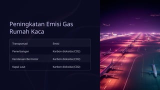 Peningkatan Emisi Gas
Rumah Kaca
Transportasi Emisi
Penerbangan Karbon dioksida (CO2)
Kendaraan Bermotor Karbon dioksida (CO2)
Kapal Laut Karbon dioksida (CO2)
 