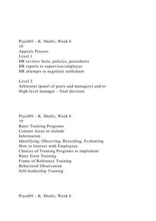 Psyc601 - K. Shultz, Week 6
18
Appeals Process
Level 1
HR reviews facts, policies, procedures
HR reports to supervisor/employee
HR attempts to negotiate settlement
Level 2
Arbitrator (panel of peers and managers) and/or
High-level manager – final decision
Psyc601 - K. Shultz, Week 6
19
Rater Training Programs
Content Areas to include
Information
Identifying, Observing, Recording, Evaluating
How to Interact with Employees
Choices of Training Programs to implement
Rater Error Training
Frame of Reference Training
Behavioral Observation
Self-leadership Training
Psyc601 - K. Shultz, Week 6
 