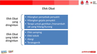 Efek Obat
Efek Obat
yang
diinginkan
• Hilangkan penyebab penyakit
• Hilangkan gejala penyakit
• Terapi untuk gantikan /menambah
zat yang hilang/kurang
Efek Obat
yang tidak
diinginkan
• Efek samping
• Efek toksik
• Alergi
• Teratogenik
 