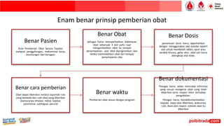 Enam benar prinsip pemberian obat
Benar Pasien
Rute Pemberian Obat Secara Topikal,
meliputi penggolongan, mekanisme kerja,
keuntungan dan kerugian
Benar Obat
petugas harus memperhatikan kebenaran
obat sebanyak 3 kali yaitu saat
mengembalikan obat ke tempat
penyimpanan, saat obat diprogramkan, dan
ketika memindahkan obat dari tempat
penyimpanan oba
Benar Dosis
penentuan dosis harus diperhatikan
dengan menggunakan alat standar seperti
alat untuk membelah tablet, spuit atau
sendok khusus, gelas ukur, obat cair harus
dilengkapi alat tetes.
Benar cara pemberian
Obat dapat diberikan melalui sejumlah rute
yang berbeda dan rute obat yang diberikan
diantaranya inhalasi, rektal, topikal,
parenteral, sublingual, peroral
Benar waktu
Pemberian obat sesuai dengan program
Benar dokumentasi
Petugas harus selalu mencatat informasi
yang sesuai mengenai obat yang telah
diberikan serta respon klien terhadap
pengobatan.
Petugas harus mendokumentasikan
kepada siapa obat diberikan, waktunya,
rute, dosis dan respon setelah obat itu
diberikan
 