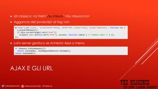 AJAX E GLI URL
 Url classico: <a href="/su-misura" >Su misura</a>
 Aggancio del javascript ai tag <a>
 Lato server gestisco se richiesta Ajax o meno
$("body").on('click', 'a:not([href^=http], [href^=#], [class^=tel], [class^=mailto])', function (e) {
e.preventDefault();
if ($(e.currentTarget).attr('href'))
$.Ajax({ url: $(this).attr('href'), success: function (data) { /* elaboro data */ } });
});
if (Request.IsAjaxRequest())
return Json(model, JsonRequestBehavior.AllowGet);
return View(model);
collaalessandro +AlessandroColla #TheDLive
 