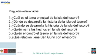 21/09/2021 57
Preguntas relacionadas
1.¿Cuál es el tema principal de la isla del tesoro?
2.¿Dónde se desarrolla la historia de la isla del tesoro?
3.¿Cuándo se desarrolla la historia de la isla del tesoro?
4.¿Quién narra los hechos en la isla del tesoro?
5.¿Quién encontró el tesoro en la isla del tesoro?
6.¿Qué relación tiene Ben Gunn con el tesoro?
 