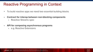 Unless otherwise indicated these slides are © 2013-2014 Pivotal Software Inc. and licensed under a
Creative Commons Attribution-NonCommercial license: http://creativecommons.org/licenses/by-nc/3.0/
Reactive Programming in Context
• To build reactive apps we need two essential building blocks
• Contract for interop between non-blocking components
• Reactive Streams spec
• API for composing asynchronous programs
• e.g. Reactive Extensions
16
 
