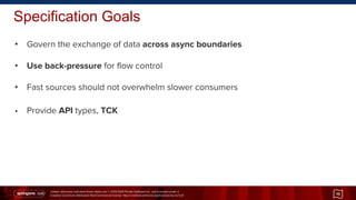 Unless otherwise indicated these slides are © 2013-2014 Pivotal Software Inc. and licensed under a
Creative Commons Attribution-NonCommercial license: http://creativecommons.org/licenses/by-nc/3.0/
Specification Goals
• Govern the exchange of data across async boundaries
• Use back-pressure for flow control
• Fast sources should not overwhelm slower consumers
• Provide API types, TCK
19
 