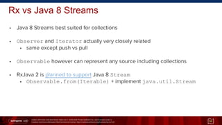 Unless otherwise indicated these slides are © 2013-2014 Pivotal Software Inc. and licensed under a
Creative Commons Attribution-NonCommercial license: http://creativecommons.org/licenses/by-nc/3.0/
• Java 8 Streams best suited for collections
• Observer and Iterator actually very closely related
• same except push vs pull
• Observable however can represent any source including collections
• RxJava 2 is planned to support Java 8 Stream
• Observable.from(Iterable) + implement java.util.Stream
Rx vs Java 8 Streams
53
 