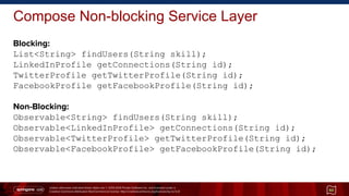 Unless otherwise indicated these slides are © 2013-2014 Pivotal Software Inc. and licensed under a
Creative Commons Attribution-NonCommercial license: http://creativecommons.org/licenses/by-nc/3.0/
Compose Non-blocking Service Layer
Blocking:
List<String> findUsers(String skill);
LinkedInProfile getConnections(String id);
TwitterProfile getTwitterProfile(String id);
FacebookProfile getFacebookProfile(String id);
Non-Blocking:
Observable<String> findUsers(String skill);
Observable<LinkedInProfile> getConnections(String id);
Observable<TwitterProfile> getTwitterProfile(String id);
Observable<FacebookProfile> getFacebookProfile(String id);
60
 