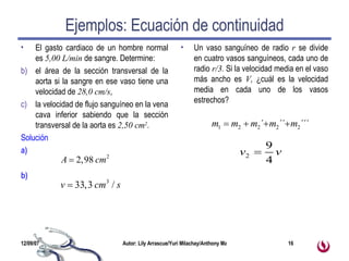 Ejemplos: Ecuación de continuidad El gasto cardiaco de un hombre normal es  5,00 L/min  de sangre. Determine:  el área de la sección transversal de la aorta si la sangre en ese vaso tiene una velocidad de  28,0 cm/s , la velocidad de flujo sanguíneo en la vena cava inferior sabiendo que la sección transversal de la aorta es  2,50 cm 2 . Solución a) b) Un vaso sanguíneo de radio  r   se divide en cuatro vasos sanguíneos, cada uno de radio  r/3 .  Si la velocidad media en el vaso más ancho es  V ,  ¿cuál es la velocidad media en cada uno de los vasos estrechos? 
