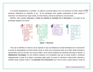 SESIÓN3: PLANEACIÓNEDUCATIVA
Los cambios globalizadores y mundiales en políticas y economía trajeron como con secuencia un cambio radical en
educación refiriéndome en específico al uso de las tecnologías como agentes aceleradores al hacer posible la
transmisión de información en mayor escala, en menor tiempo y formas de adentrarnos al conocimiento.
Identificar cuatro grandes discursos o modo de entender la sociedad de la información y del papel de las
tecnologías digitales en la misma.
Figura 1. Discursos
Pero que en definitiva en cada uno de los aspectos en que son utilizadas las nuevas tecnologías de la comunicación
la brecha de desigualdades es notoria desde el tener un medio para comunicarse hasta como saber utilizar productiva y
positivamente cada uno de estos, por lo que le hablar de los nuevos problemas de educativos ante ellas es abordar la
alfabetización tecnológica “es una condición necesaria, en la actualidad, para que se pueda acceder y conducirse
inteligentemente a través de la cultura y tecnología digital (saber de buscar la información, seleccionarla, elaborarla y
difundirla desde cualquier medio)”2. La saturación de la información que si bien se tiene y puede obtener a través de
mercantilista
La sociedad de
la información
es un enorme
mercado con un
tremendo
potencial para el
crecimiento
económico
apoyado en el
uso de las
tecnologías
digitales
críticopolítico
Las tecnologías
digitales deben
estar al servicio
del desarrollo
social y humano,
y no controlado
por los intereses
de las grandes
corporaciones
industriales del
mundo
capitalista
tecnocentrista
Se mitifica a la
tecnología
digital como la
panacea de una
sociedad más
eficaz y llena de
bienestar para
susciudadanos
apocalíptico
Las tecnologías de
la información y
comunicación
representan el fin
de los ideales y
valores de la
modernidad y del
modelo
humanista de la
cultura
 