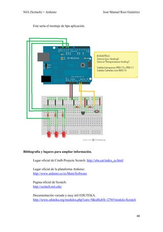 S4A (Scrtach) + Arduino José Manuel Ruiz Gutiérrez
48
Este sería el montaje de ñpa aplicación.
Bibliografía y lugares para ampliar información.
Lugar oficial de Citalb Projecte Scratch: http://s4a.cat/index_es.html
Lugar oficial de la plataforma Arduino:
http://www.arduino.cc/es/Main/Software
Pagina oficial de Scratch:
http://scratch.mit.edu/
Documentación variada y muy útil EDUTEKA.
http://www.eduteka.org/modulos.php?catx=9&idSubX=278#!modulo-Scratch
 
