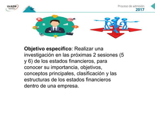 Objetivo específico: Realizar una
investigación en las próximas 2 sesiones (5
y 6) de los estados financieros, para
conocer su importancia, objetivos,
conceptos principales, clasificación y las
estructuras de los estados financieros
dentro de una empresa.
 