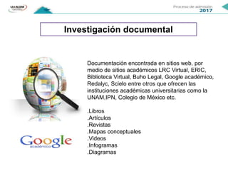 Investigación documental
Documentación encontrada en sitios web, por
medio de sitios académicos LRC Virtual, ERIC,
Biblioteca Virtual, Buho Legal, Google académico,
Redalyc, Scielo entre otros que ofrecen las
instituciones académicas universitarias como la
UNAM,IPN, Colegio de México etc.
.Libros
.Artículos
.Revistas
.Mapas conceptuales
.Videos
.Infogramas
.Diagramas
 