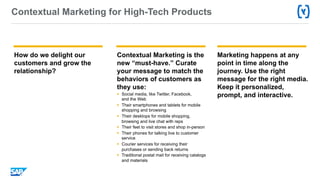 Contextual Marketing for High-Tech Products
How do we delight our
customers and grow the
relationship?
Contextual Marketing is the
new “must-have.” Curate
your message to match the
behaviors of customers as
they use:
§  Social media, like Twitter, Facebook,
and the Web
§  Their smartphones and tablets for mobile
shopping and browsing
§  Their desktops for mobile shopping,
browsing and live chat with reps
§  Their feet to visit stores and shop in-person
§  Their phones for talking live to customer
service
§  Courier services for receiving their
purchases or sending back returns
§  Traditional postal mail for receiving catalogs
and materials
Marketing happens at any
point in time along the
journey. Use the right
message for the right media.
Keep it personalized,
prompt, and interactive.
 