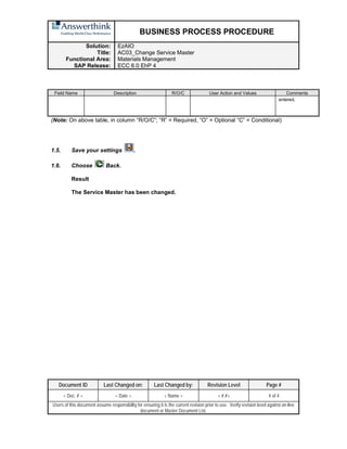 BUSINESS PROCESS PROCEDURE
Solution:
Title:
Functional Area:
SAP Release:
EzAIO
AC03_Change Service Master
Materials Management
ECC 6.0 EhP 4
Document ID Last Changed on: Last Changed by: Revision Level Page #
< Doc. # > < Date > < Name > < #.#> 4 of 4
Users of this document assume responsibility for ensuring it is the current revision prior to use. Verify revision level against on-line
document or Master Document List.
Field Name Description R/O/C User Action and Values Comments
entered.
(Note: On above table, in column “R/O/C”; “R” = Required, “O” = Optional “C” = Conditional)
1.5. Save your settings .
1.6. Choose Back.
Result
The Service Master has been changed.
 