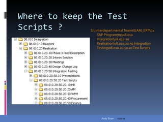 Where to keep the Test Scripts ? S:\·Interdepartmental Teams\EAM_ERP\01 SAP Programme\08.010 Integration\08.010.20 Realisation\08.010.20.50 Integration Testing\08.010.20.50.20 Test Scripts 10/25/11 Andy Scarr 
