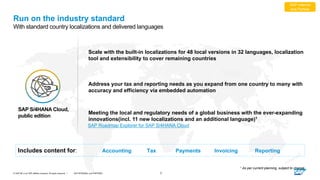 7
SAP INTERNAL and PARTNER
© SAP SE or an SAP affiliate company. All rights reserved. ǀ
Meeting the local and regulatory needs of a global business with the ever-expanding
innovations(incl. 11 new localizations and an additional language)1
Scale with the built-in localizations for 48 local versions in 32 languages, localization
tool and extensibility to cover remaining countries
Address your tax and reporting needs as you expand from one country to many with
accuracy and efficiency via embedded automation
SAP Roadmap Explorer for SAP S/4HANA Cloud
Go Global with the Breadth and Depth of SAP S/4HANA Cloud Localization
1 As per current planning, subject to change
Run on the industry standard
With standard country localizations and delivered languages
Includes content for: Accounting Tax Payments Invoicing Reporting
SAP S/4HANA Cloud,
public edition
SAP Internal
and Partner
 