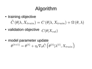 Algorithm
● training objective
● validation objective
● model parameter update
 