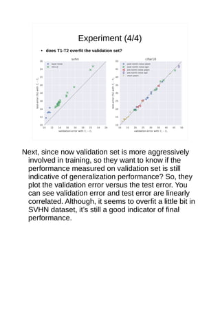 Experiment (4/4)
●
does T1-T2 overfit the validation set?
Next, since now validation set is more aggressively
involved in training, so they want to know if the
performance measured on validation set is still
indicative of generalization performance? So, they
plot the validation error versus the test error. You
can see validation error and test error are linearly
correlated. Although, it seems to overfit a little bit in
SVHN dataset, it’s still a good indicator of final
performance.
 