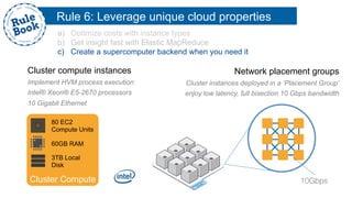 Cluster compute instances
Implement HVM process execution
Intel® Xeon® E5-2670 processors
10 Gigabit Ethernet
Cluster Compute
80 EC2
Compute Units
60GB RAM
3TB Local
Disk
Network placement groups
Cluster instances deployed in a ‘Placement Group’
enjoy low latency, full bisection 10 Gbps bandwidth
10Gbps
Rule 6: Leverage unique cloud properties
a)  Optimize costs with instance types
b)  Get insight fast with Elastic MapReduce
c)  Create a supercomputer backend when you need it
 