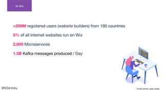 >200M registered users (website builders) from 190 countries
5% of all Internet websites run on Wix
2,000 Microservices
1.5B Kafka messages produced / Day
@NSilnitsky
At Wix
* Event driven uses cases
 